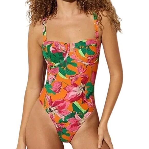 Express One Piece Swimsuit M Orange Pink Floral Corset Balconette Body Contour - Picture 1 of 12